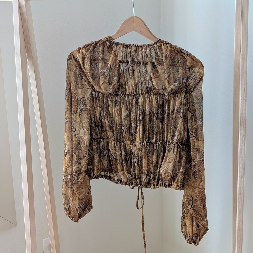 NWT ZARA Floral Sheer Patterned Tie-Front Blouse In Tan/Gold - S - Picture 9 of 11